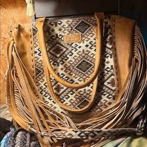 Fringed Tan and Brown Patterned Tote Bag